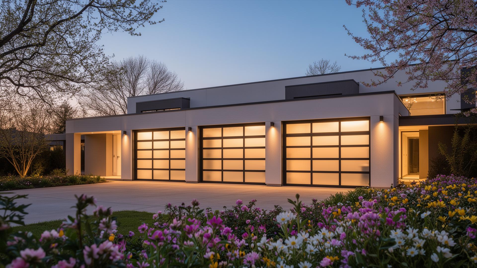 Modern contemporary house with beautiful aluminum and glass garage doors at dusk